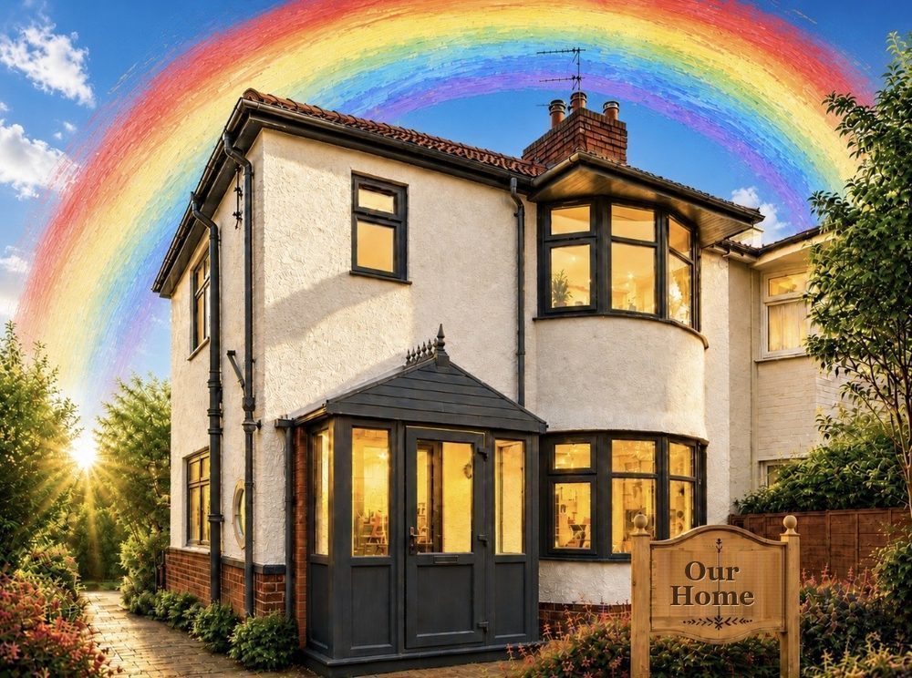 Our home exterior with a rainbow overhead