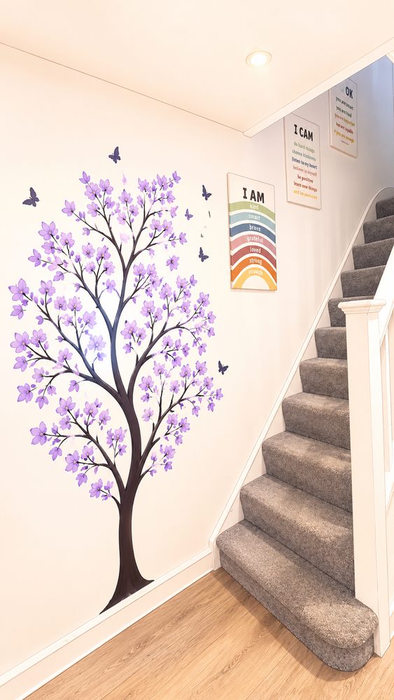 Staircase with a decorative tree and affirmation posters