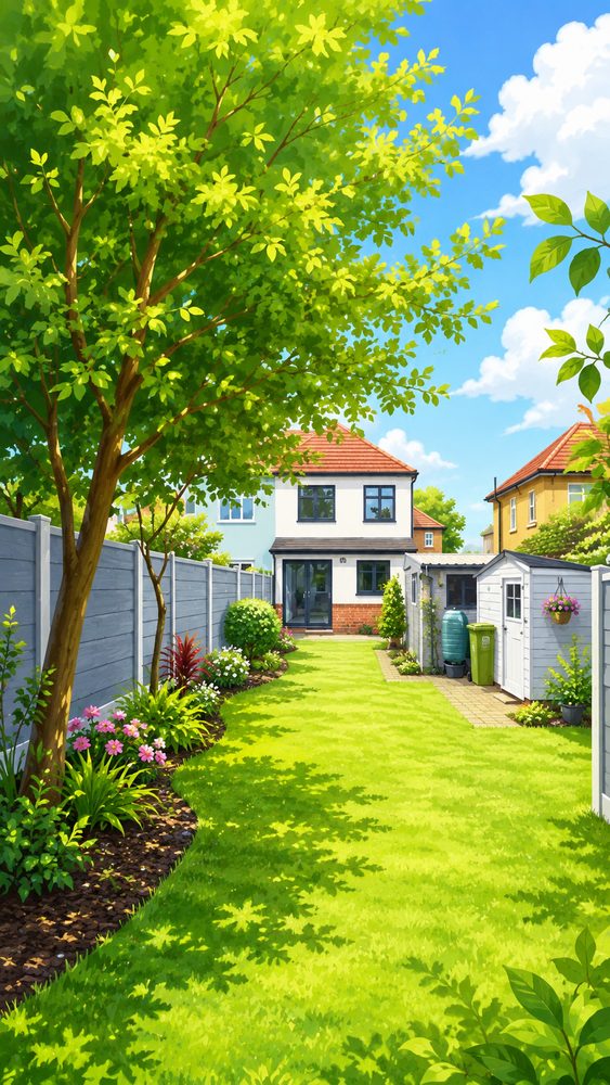 The back garden with lawn and planting