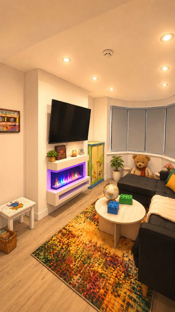 Our lounge with a fireplace and soft seating